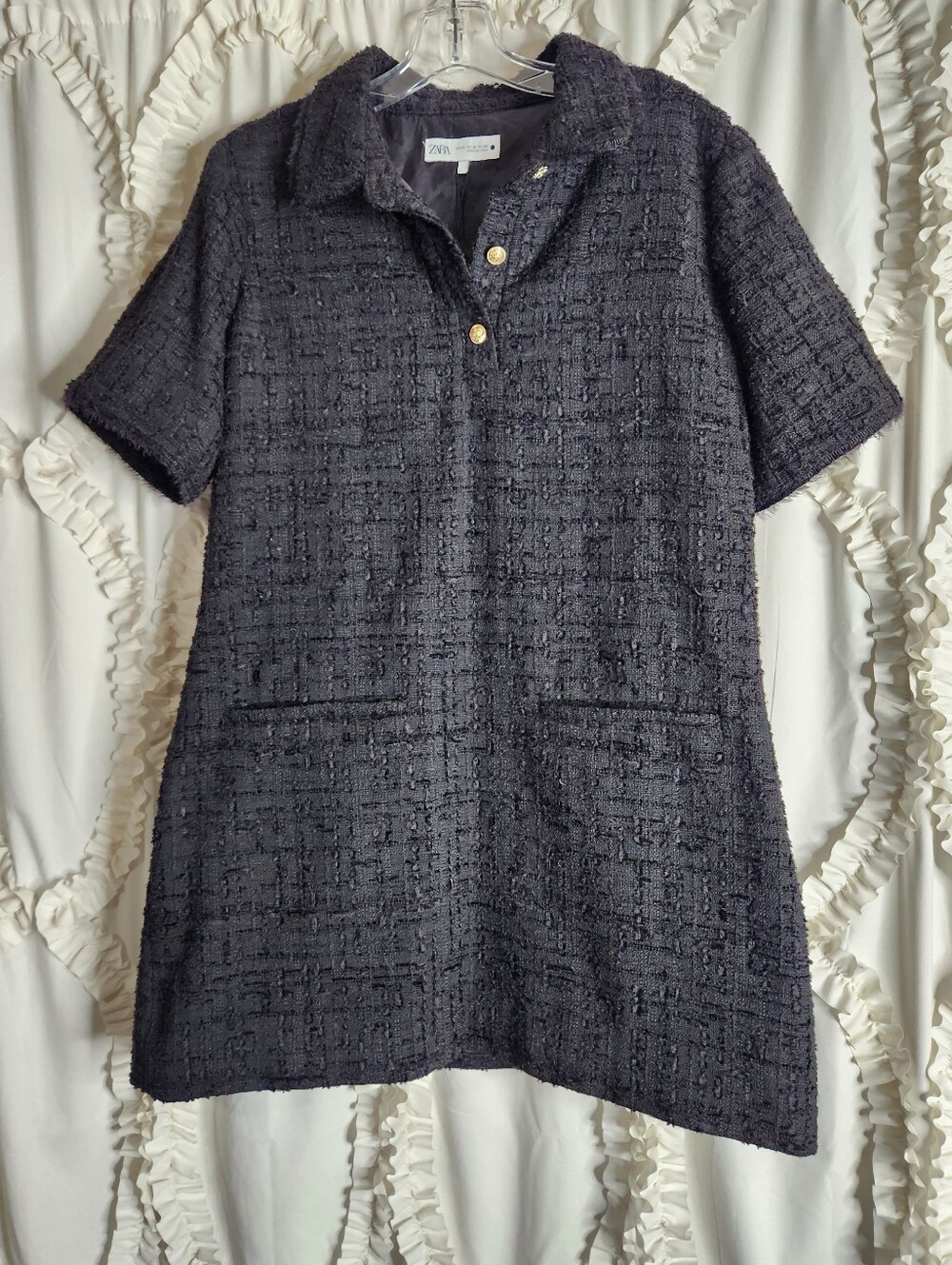 Zara Black Tweed Dress Gold Buttons Textured Mini Dress Sz XL
